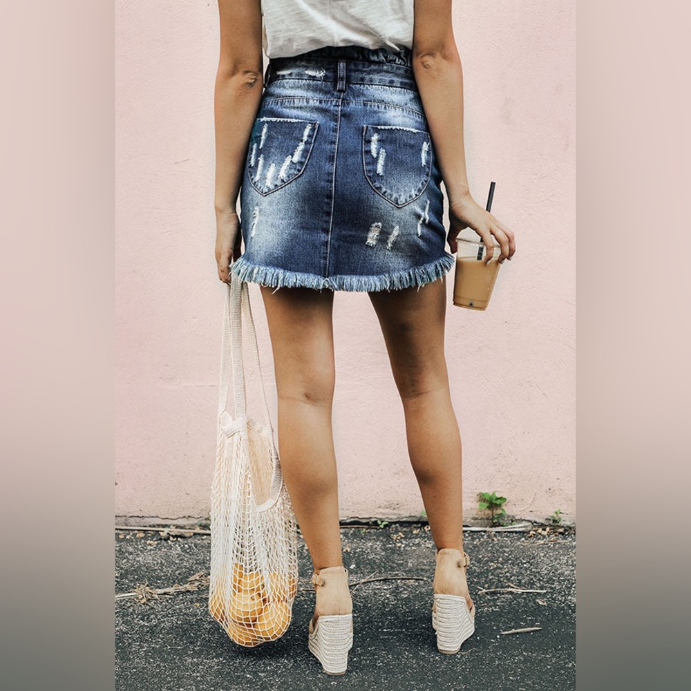Hayden LA Paperbag Waist Distressed Denim Mini Skirt Size L Boho Festival - Picture 12 of 13